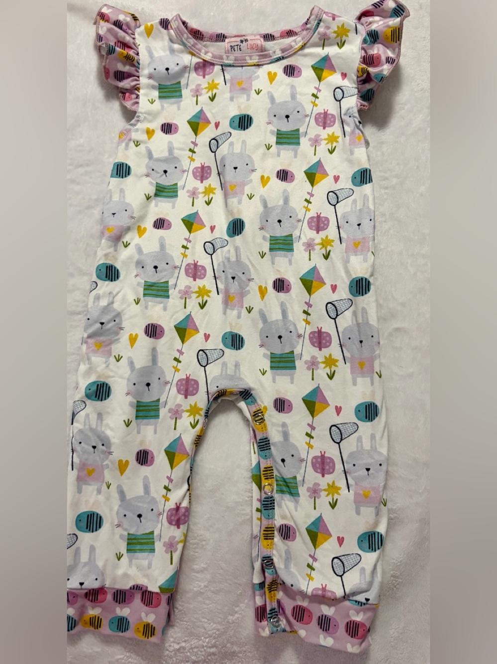 White Bunny Print Kids One-Piece Romper with Pink Ruffle Sleeves